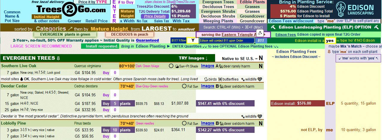 screenshot of Price it by Type, showing a couple of plants selected